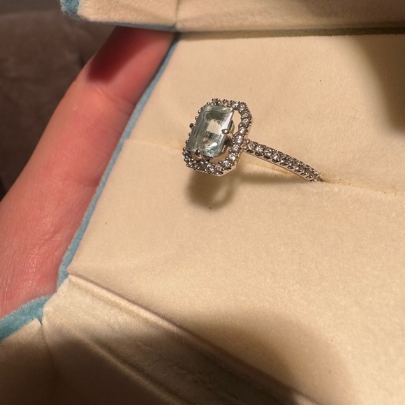 White Gold Aquamarine Ring w/ Diamond Halo and band - Picture 7 of 10
